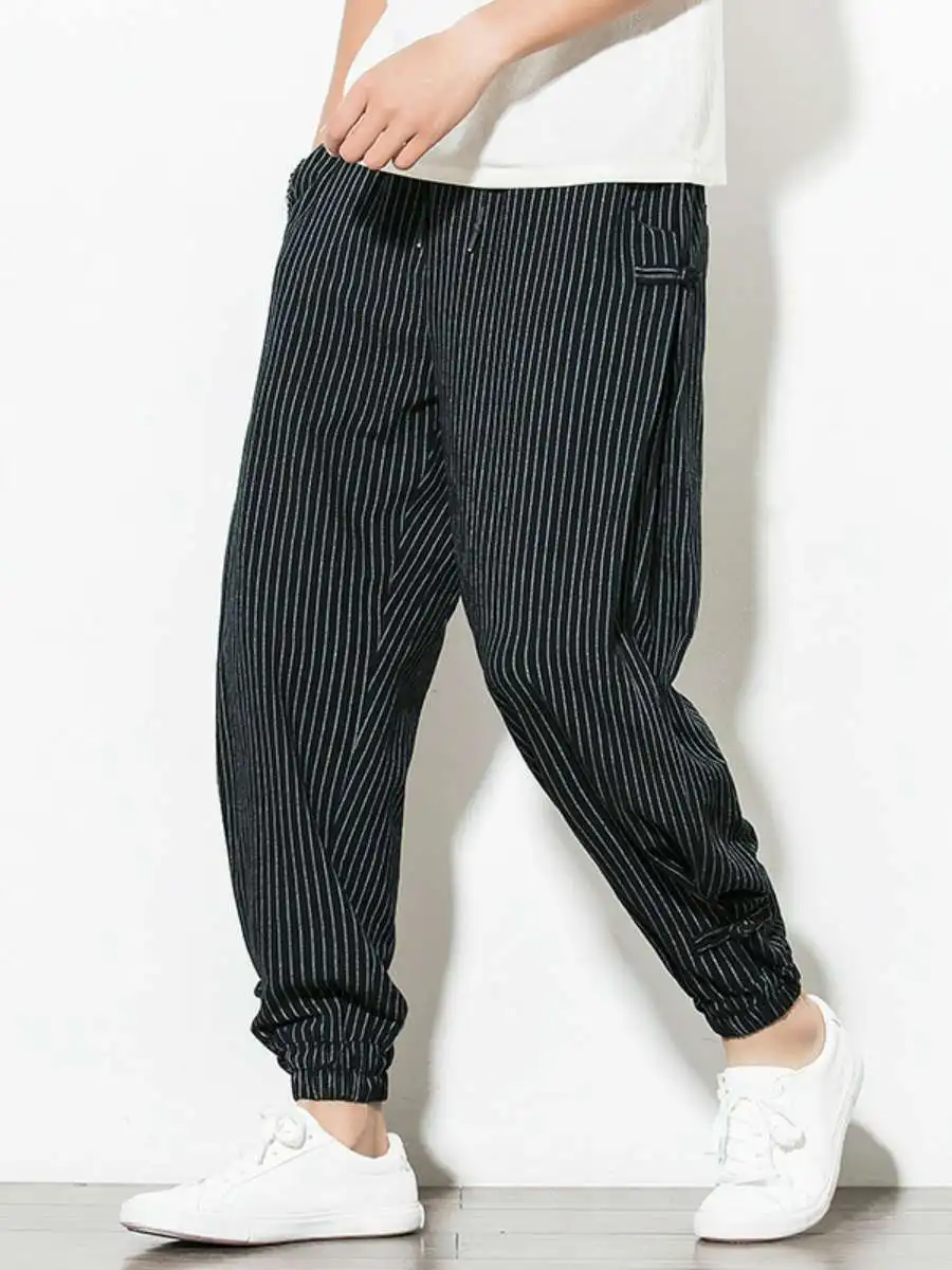 

Летние тонкие хлопковые льняные брюки в ретро-стиле на пуговицах, свободного кроя, длинные, удобные, дышащие, больших размеров, в полоску