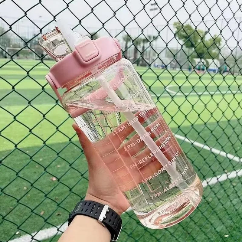 2 Liter Water Bottle with Straw Female Jug Girls Portable Travel bottles Fitness Bike Cup Summer Cold Water Jug with Time Marker image 5