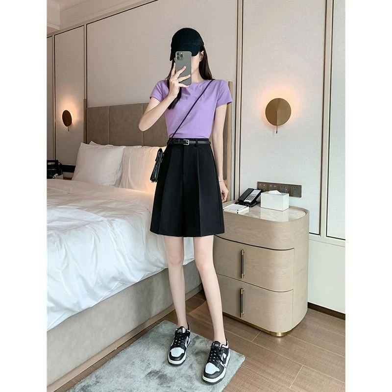 Women's New Summer Slim High-waisted Five-point Pants with Wide Leg Pants Casual Pants  High Appearance Level Loose Suit Shorts