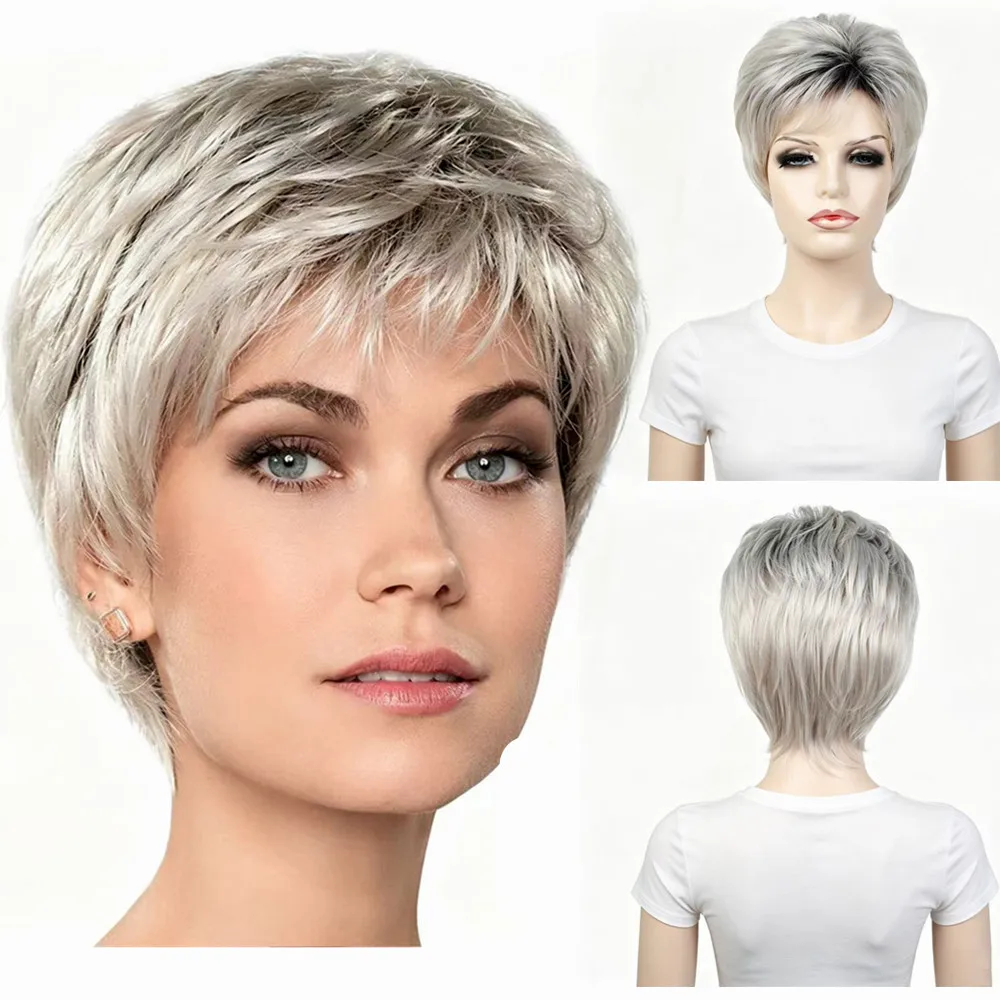 

Short Silver Gray Synthetic Wig for Women Heat Resistant Fiber Ombre Grey Pixie Cut Wigs Daily Party Cosplay