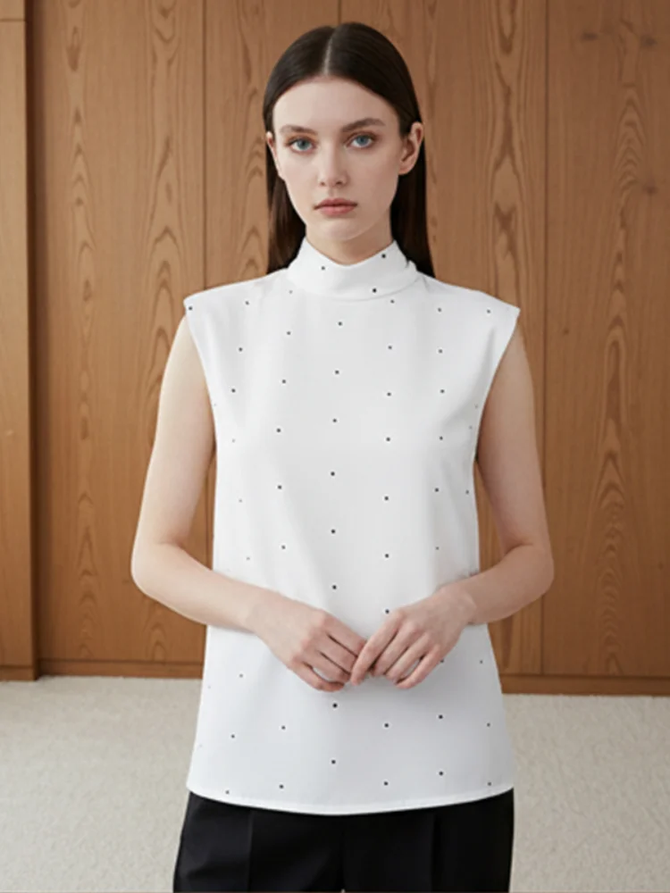 

White Solid Ruched Lady Blouse Chic High Neck Tie Back Sleeveless Backless Button Front Top Office Date Streetwear Top 2026
