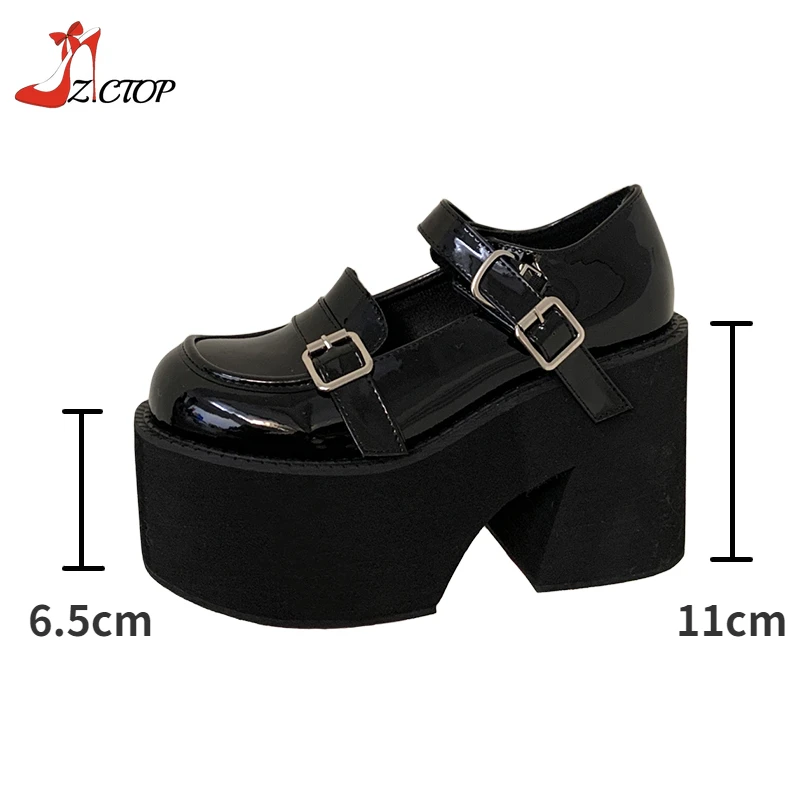 Women Pumps Platform Mary Jane Shoes 11cm Super High Chunky Heels 2024 Autumn Patent Leather Belt Buckle Gothic Lolita Shoes