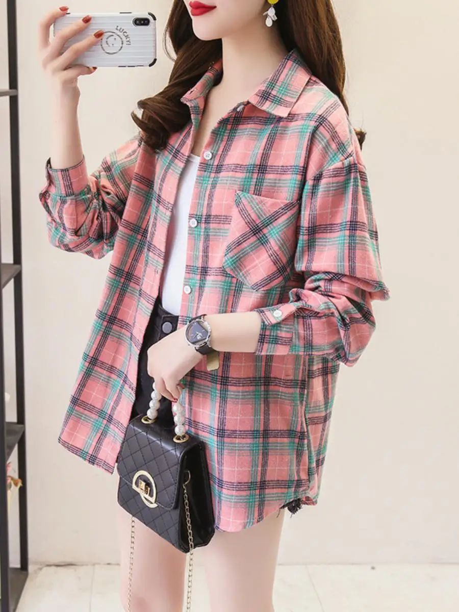 

Cotton Plaid Shirt Women's Loose Long Sleeve Vintage Hong Kong Style Student Coat Spring Autumn New Korean Version Collar