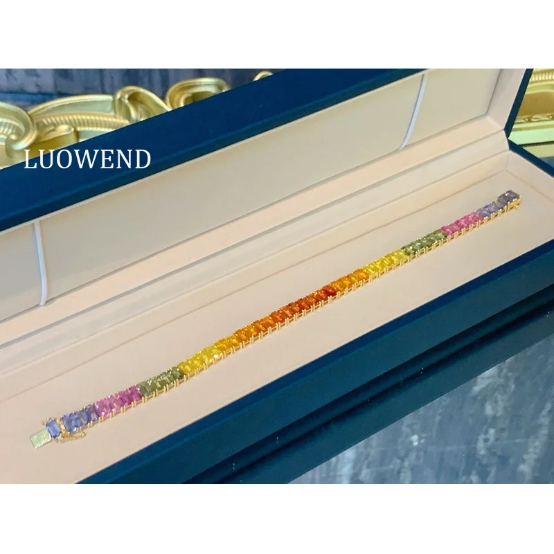 LUOWEND 100% 18K Yellow Gold Bracelet Luxury 17carat Natural Color Sapphire Bracelet for Women Rainbow Design High Party Jewelry