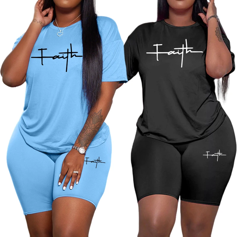 Hot Sale Women's Summer Tracksuit 2pcs Set O-neck T-shirts and Tight Shorts Faith Letter Printed Casual Outfits Gym Fitness Wear