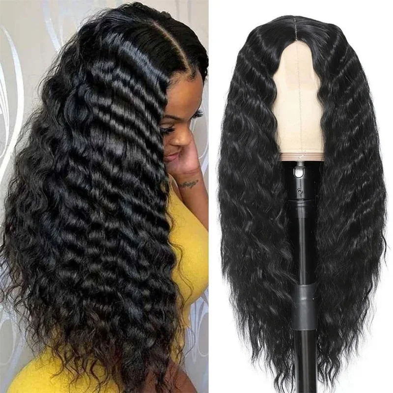 

European and American style wig with natural middle parting, wavy , braided design, African small curls, long curly hair fu