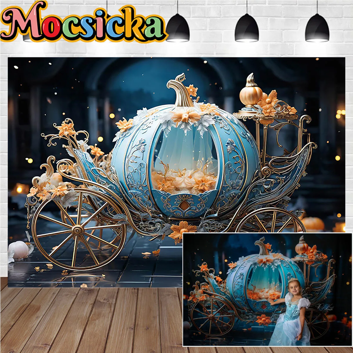 

Princess Girl Birthday Party Photography Background for Stuido Blue Magic Pumpkin Cart Decor Backdrop Baby Shower Portrait Photo