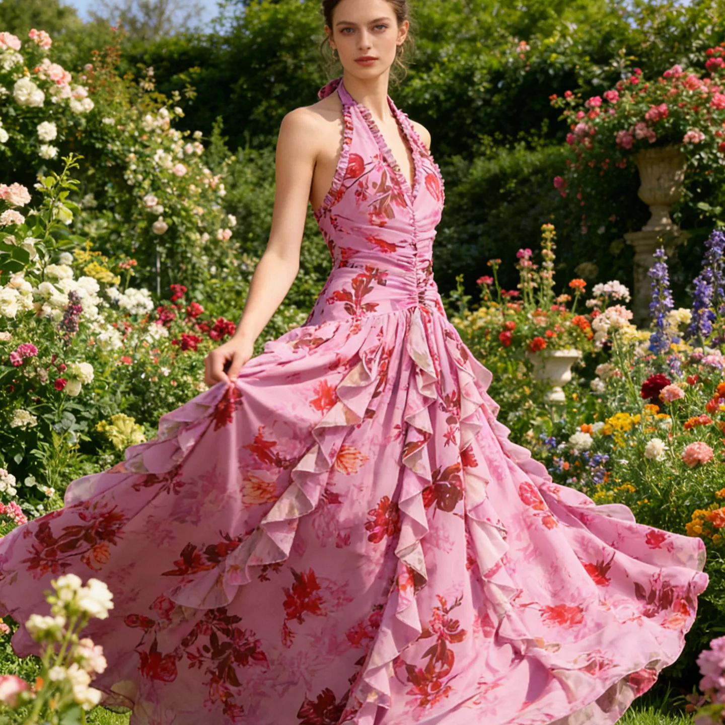 

2025 New Women's Dress Summer Sleeveless Neck Hanging Floral Print Vacation Style High Waist Polyester Material Loose Fit