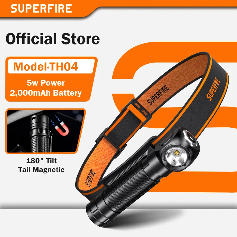 

Светодиодный налобный фонарь высокой мощности SUPERFIRE, перезаряжаемый через USB 90 ° Фара для кемпинга с индикатором питания Магнитный фонарик с хвостовой головкой