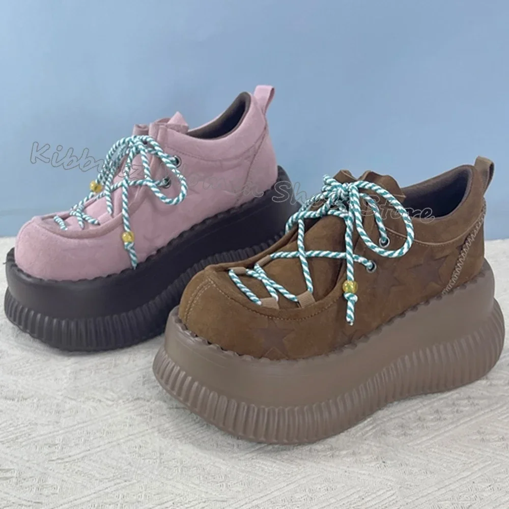 

Suede Thick Bottom Sneaker Platform Lace-Up Round Toe Mixed Color Fashion Novelty Sexy Concise Elegant Women Shoes New Hot Girls