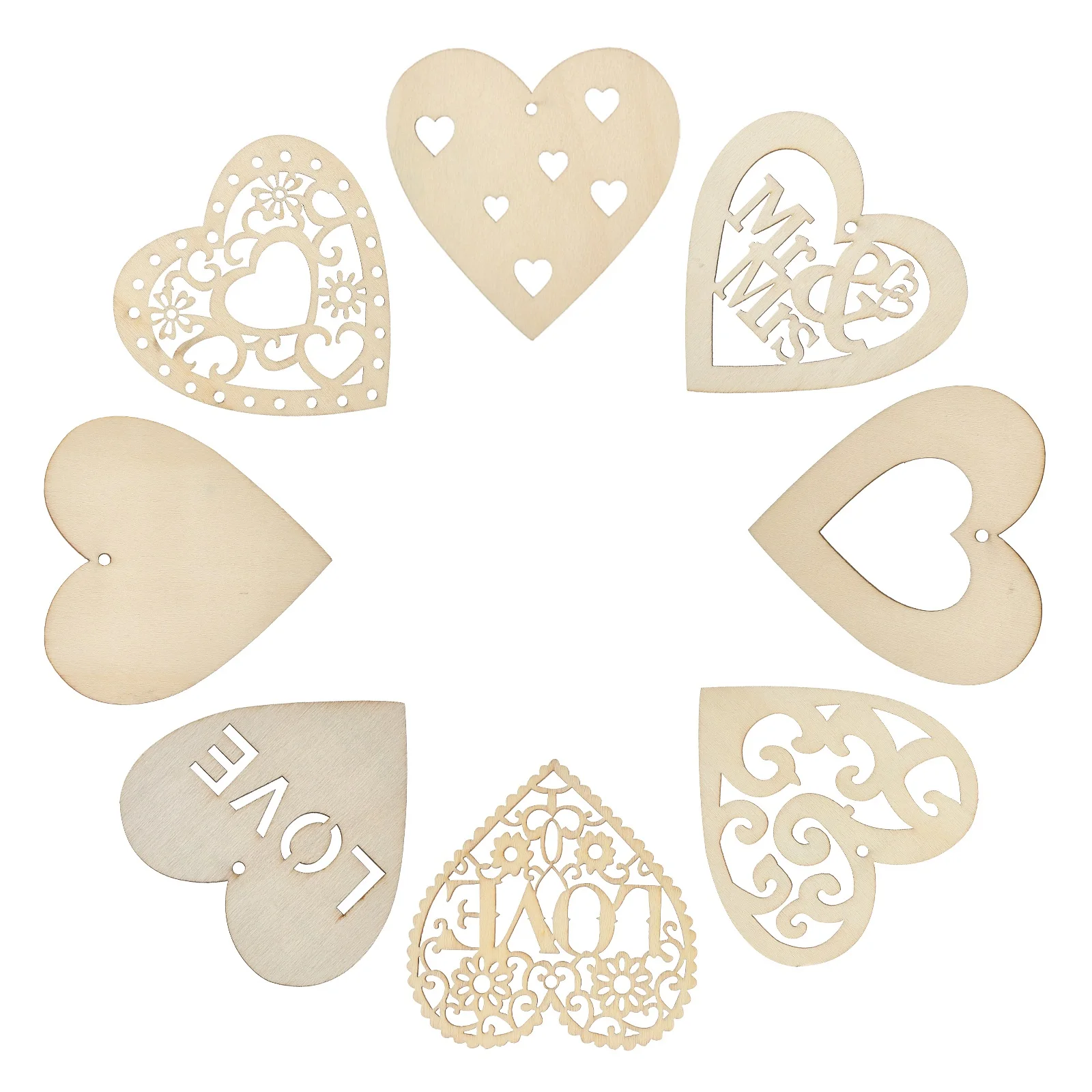 40Pcs 8 Styles Wedding Theme Blank Wooden Heart Shape Ornaments Unfinished Hearts Wood Cutouts for Valentine Jewelry Making