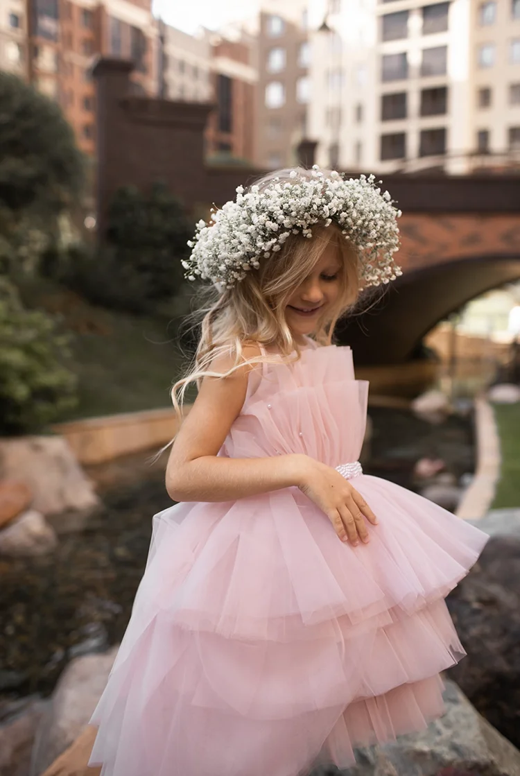 Abito da ragazza di fiori che borda senza maniche in tulle con perle con fiocco per abiti da ballo per prima comunione, principessa, festa di compleanno per bambini