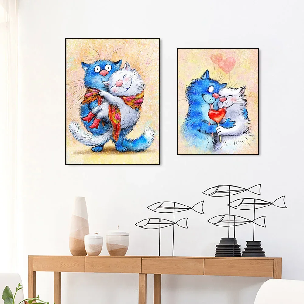 5D DIY AB Diamond Painting Cartoon Animal Blue Cat Romantyczny zestaw do haftu Rhinestone Mosaic Cross Stitch Home Decor Gift