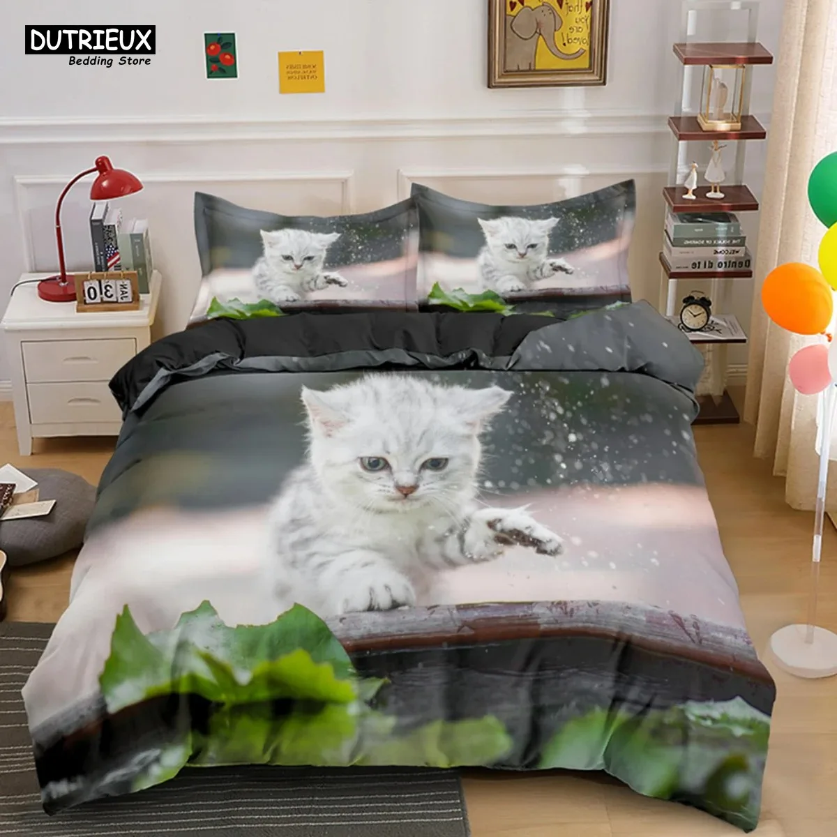 Cute Baby Cat Bedding Set White Black Kitten Bed Linen Single Double Queen Twin Full Size Duvet Cover Kids Girls Dogs Room Decor