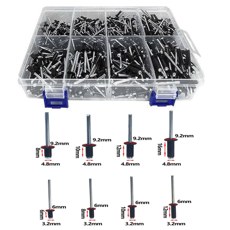 

620pcs Aluminium Blind Rivets Black Pop Rivets Mushroom Head Break Mandrel Blind Rivets Nail Pull Rivet Core Rivet 3.2mm 4.8mm