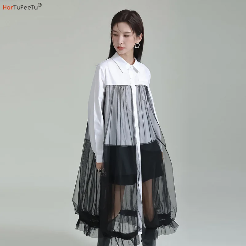 

Loose Long Dress Women 2023 Summer Spring Clothing Elegant Irregualr High Waist Patchwork Mesh Shirt Vestidos Mujer