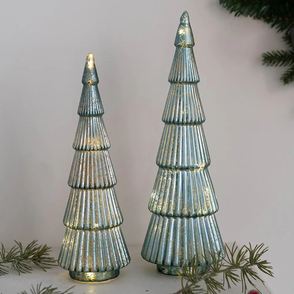 Glass Christmas Tree Figurine Tabletop Xmas Tree Ornament with LED Lights Holiday Light Up Neol Tree Cone Home Decorations