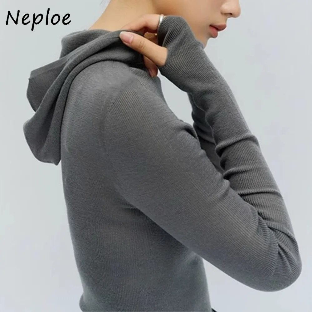

Neploe Knit V Neck French Style Advanced Hooded Knit Tops Slim Solid Korea Exquisite All-match Undershirt High Street Moda Hoody
