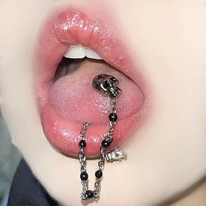 1Pc Trendy Punk Style Stainless Steel 1.6mm Skull Chain Oil-Dripping Bead Irregular Tongue Stud Unisex Body Piercing Gift