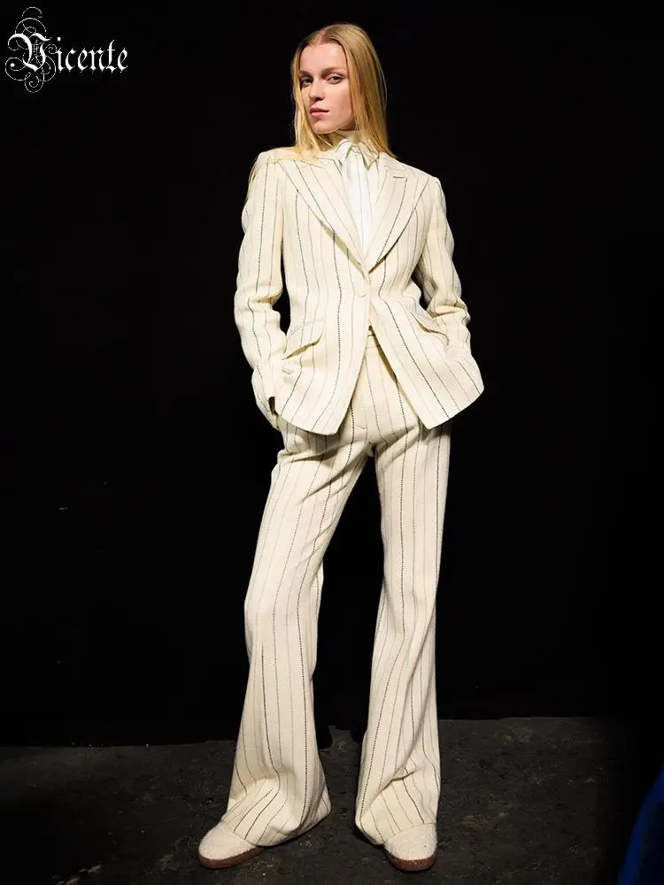 VC Women Pinstripe Blazer Suit Set – Elegant Tailored Jacket & Wide Leg Pants Two Piece Outfit Office & Business Wear