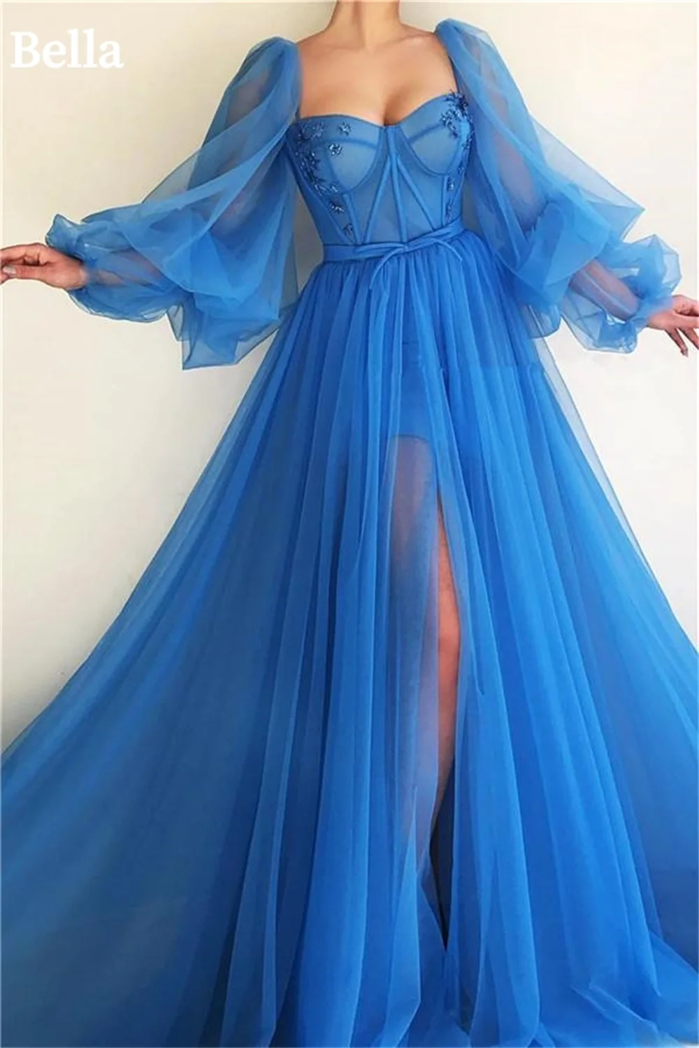 Bella Blue Prom Dresses A-line Tulle Wedding Dress Elegant Puffy Sleeves Floor-Length Heart Shape Neck Vestidos De Fiesta 2024