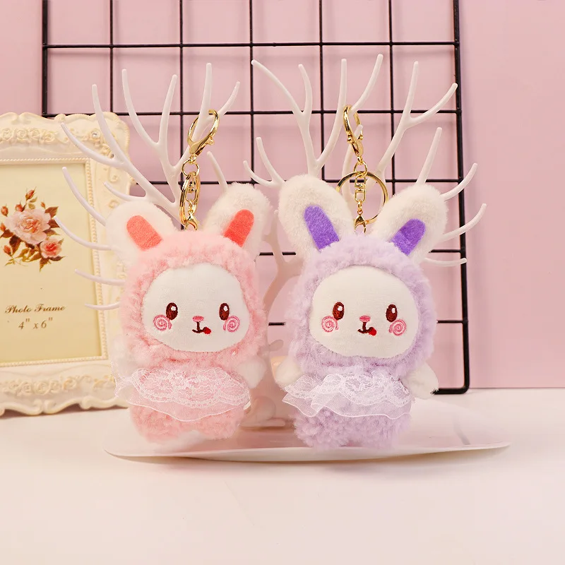 Creative cute happy rabbit plush naughty doll pendant cartoon preety dress couple darling Keychain soft decoration sweet gifts