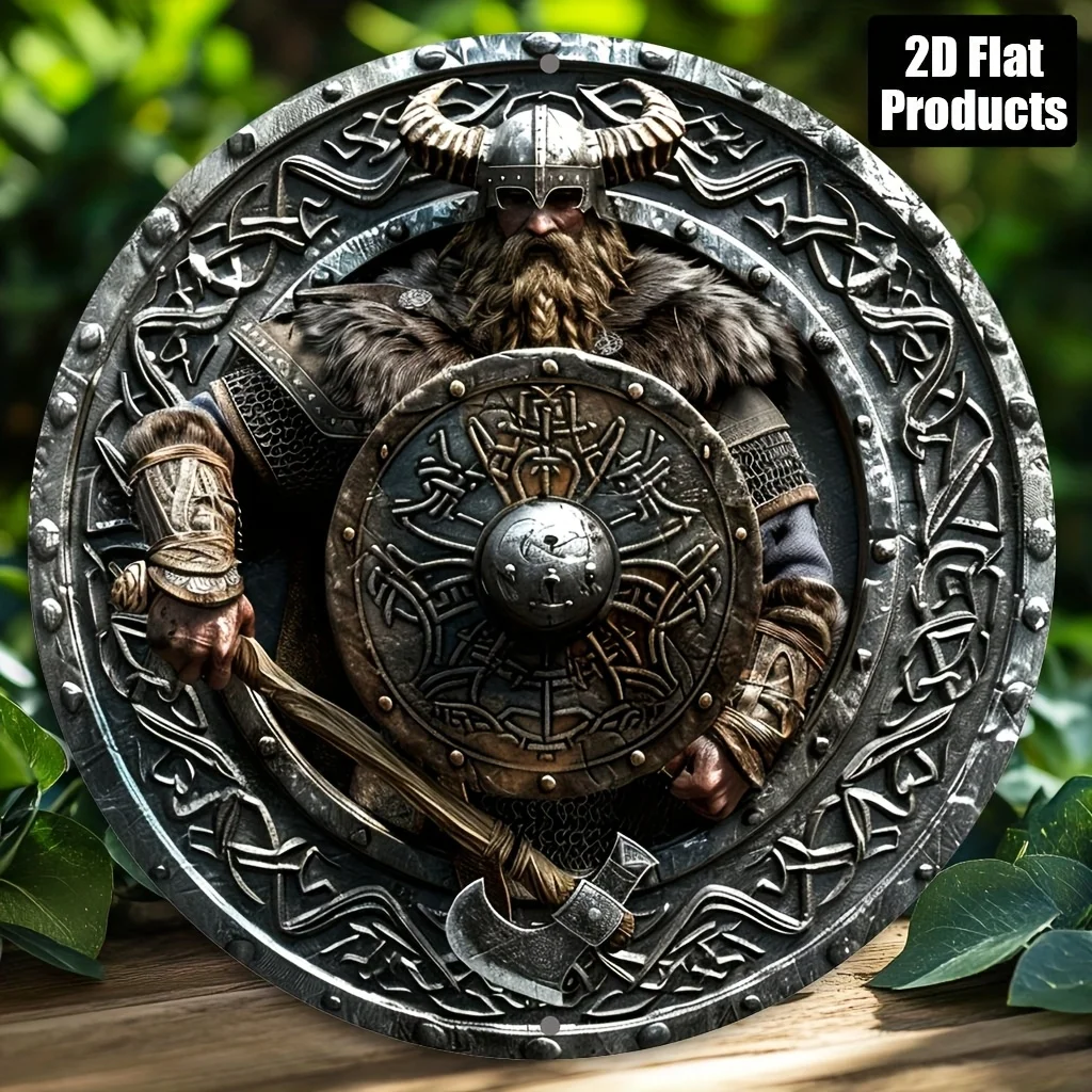 Letrero Metálico de Alta Definición - Guerrero Vikingo con Hacha y Escudo, Arte Mural Redondo con Runas Nórdicas, Decoración Medieval con Temática Escandinava
