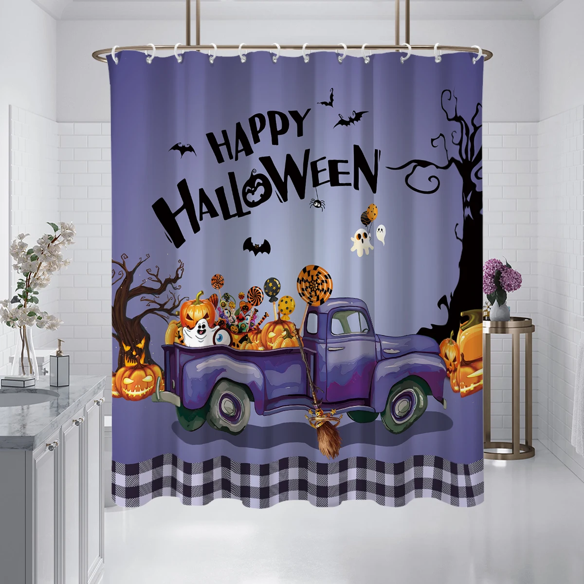 Halloween Shower Curtain for Bathroom, Fall Autumn Boo Pumpkin Truck Bathroom Decor Bathtub Curtains with 12 Hooks Set,