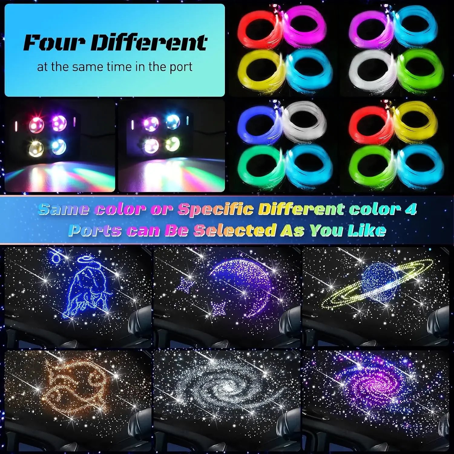 Car Starlight Headliner Kit, 4 Colors 32W Twinkle & Meteor Fiber Optic Shooting Stars Lights, 2 in 1 Light Engine 700pcs*0.03in*