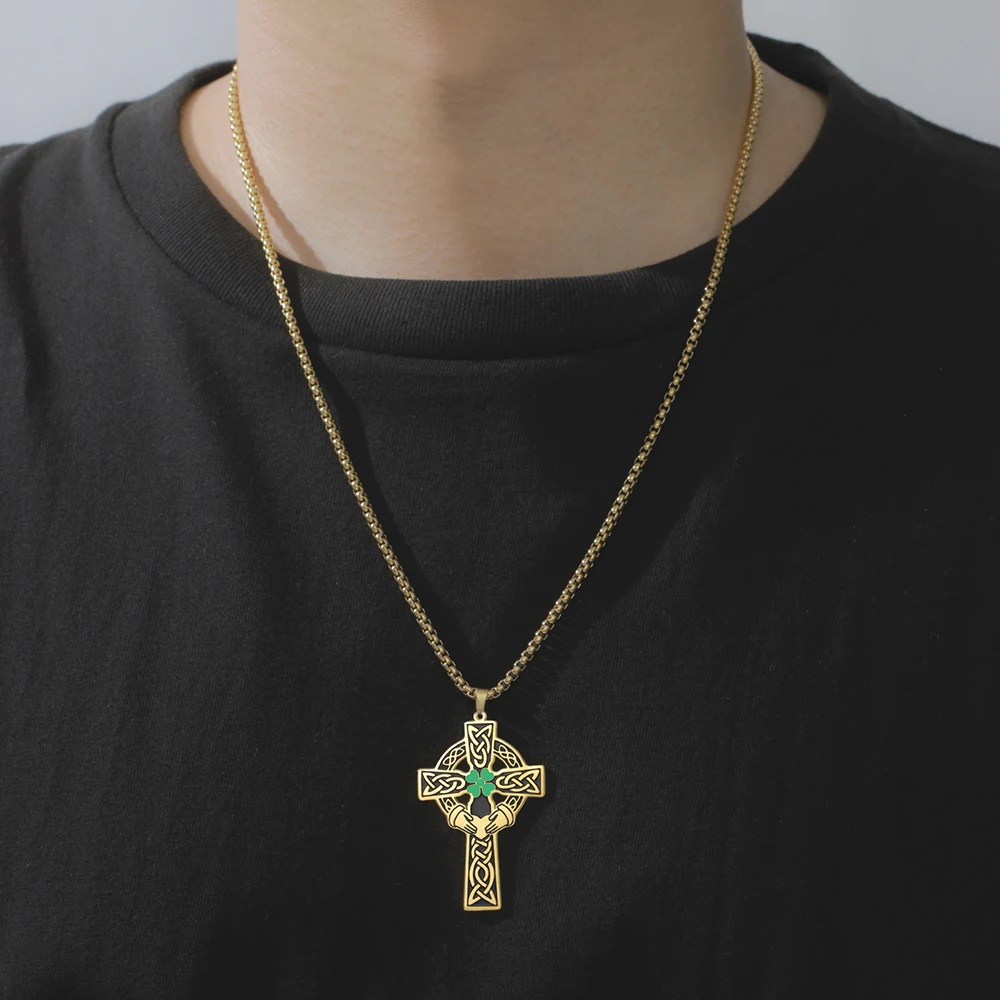 Claddagh Four Leaf Clover Irish Cross Necklace Celtics Cross Protection Amulet Religious Christian Gifts Stainless Steel Jewelry