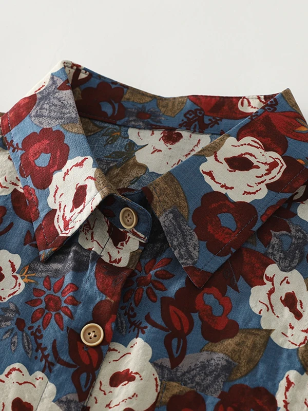 Hong kong sle floral irt feminino verão novo design solto casual retro impressão topo na moda ort sve colarinho tecido fino