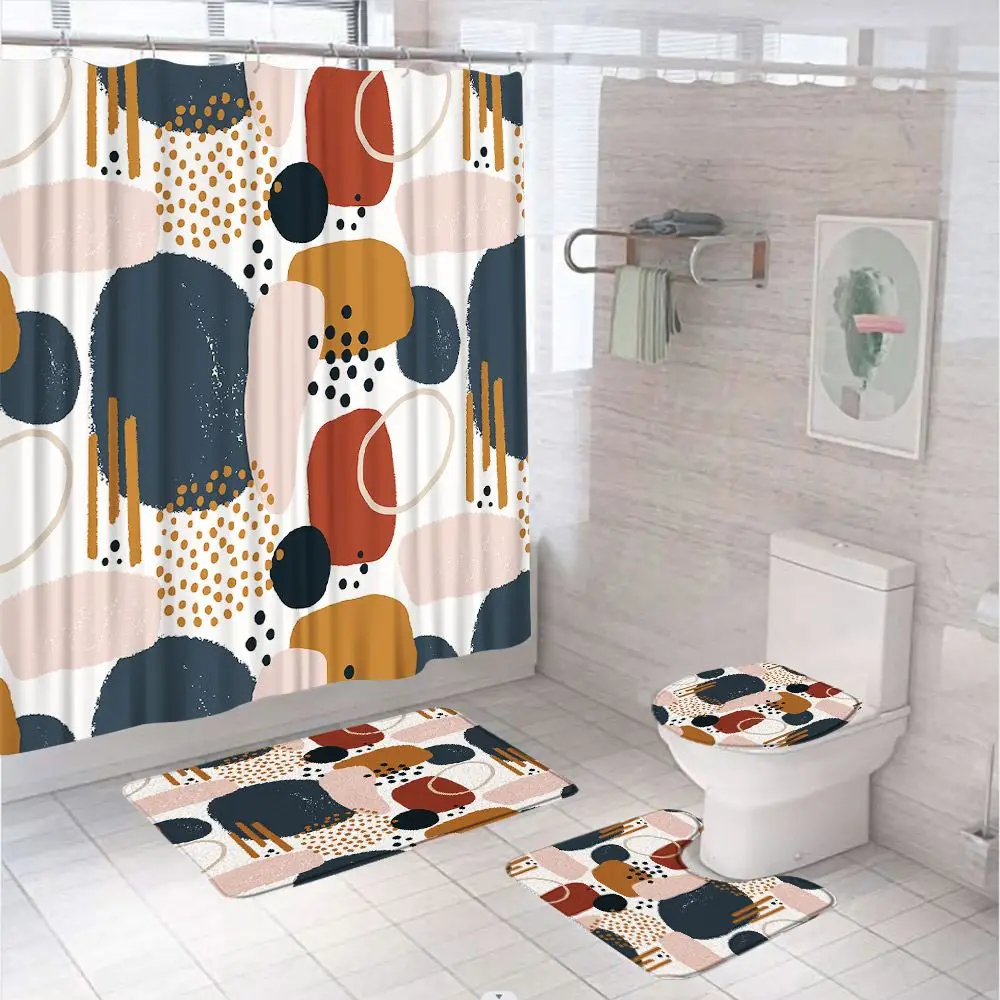 Abstract Medieval Shower Curtain Sets Colorful Leaves Vintage Art Bathroom Curtains Non-Slip Bath Mats Pedestal Rug Toilet Cover