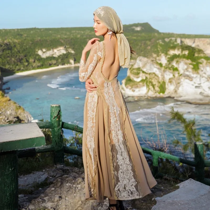 Sukienka midi retro z koronką 2025 damska wiosenna patchworkowa z dekoltem O, długim rękawem, luźna, sukienki boho bez pleców, szyfonowe sukienki wakacyjne