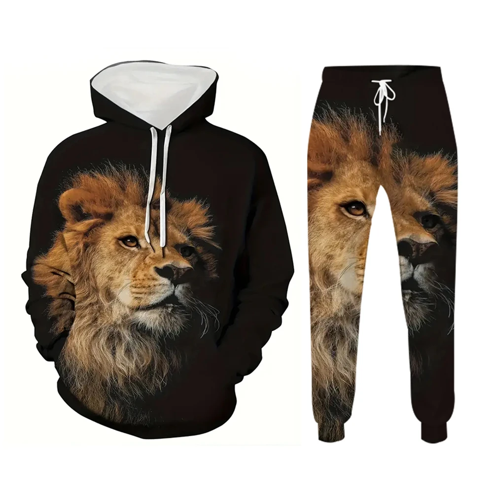 Lion 3D Vintage Print Two-Piece Hooded Sweatpants for Men Fall/winter Casual Street Retro Men's Fashion Sweatshirt