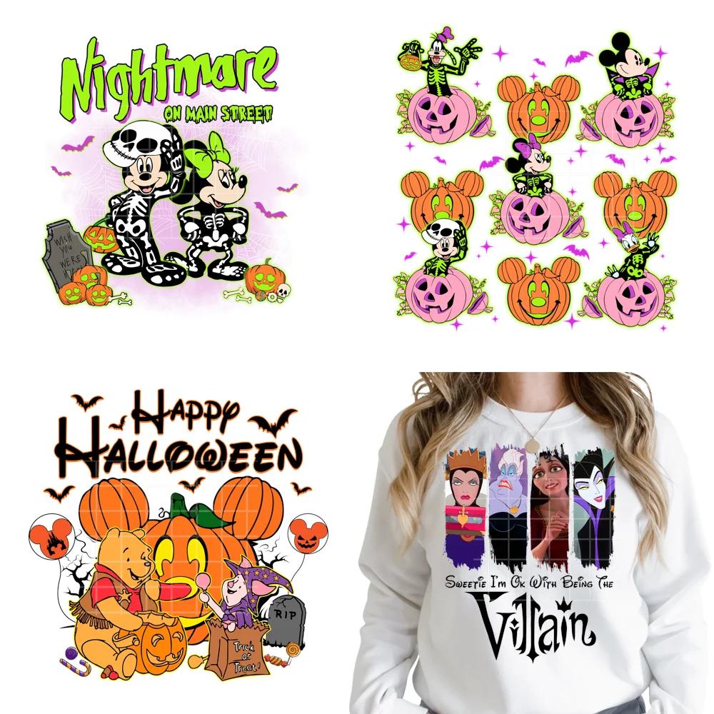 Happy Halloween Season Kürbis-Schädel-Cartoon-Figur, mädchenhafte böse Königin, zum Aufbügeln, DTF-Transferaufkleber, fertig zum Aufdrücken für Textilien