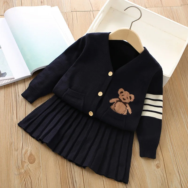 Children's Sweater Set 2024 Autumn/Winter New Korean Edition Academy  Girls' Knitted Cardigan Coat+Half Skirt Two Piece Set1-6Y