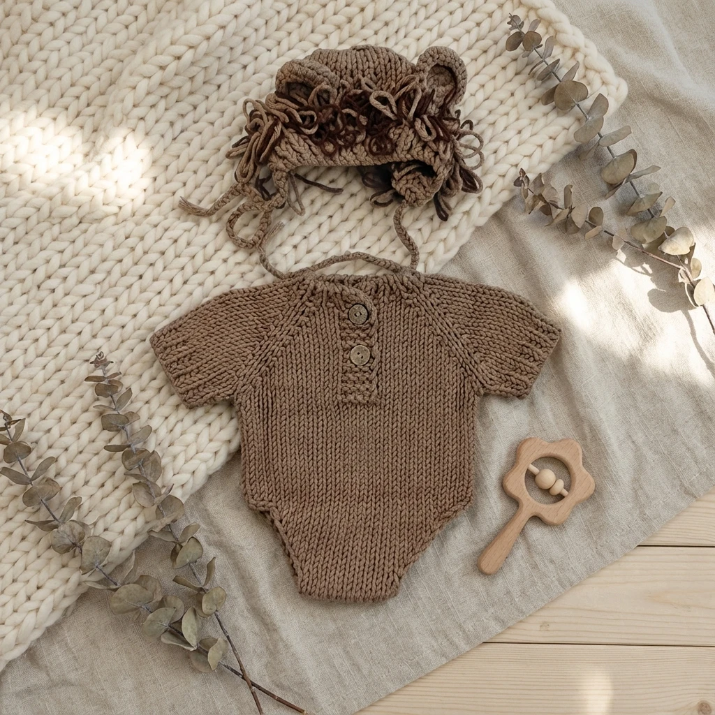 Handmade Knitted Baby Lion Photography Props Set Newborn Animal Costume Romper Hat Infant Boy Girl Photo Shoot Outfit Gift
