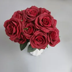 9Heads Roses Bouquet Artificial Flower red dark red wine red Rose Fake Rose Living Room  Decoration Wedding