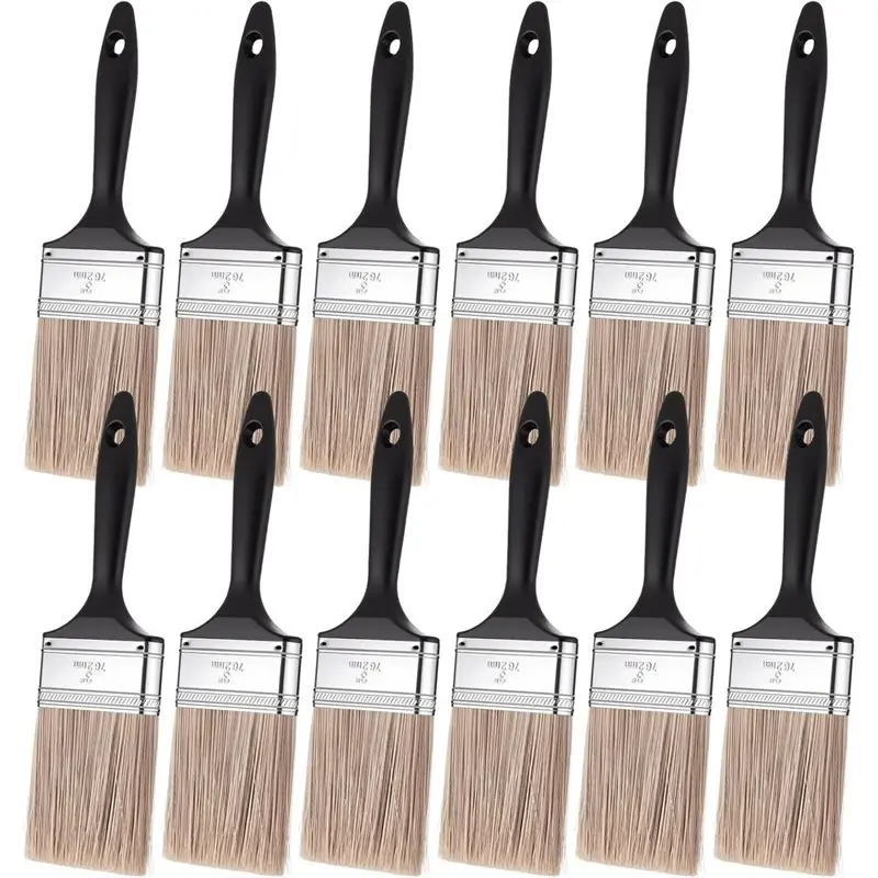 B97A-Professional For Walls For Walls Paint Brush Set-12 Pack 3 Inch Flat Brushes With Black Plastic Handles, DIY Painting Tools