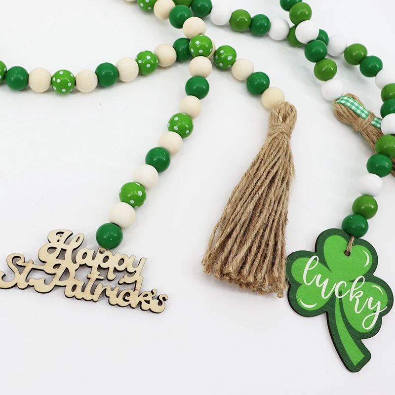 2 Pieces Saint Patrick Day Wood Bead Garland Tassel Garland Farmhouse Rustic Prayer Beads For St.Patrick Day Decor