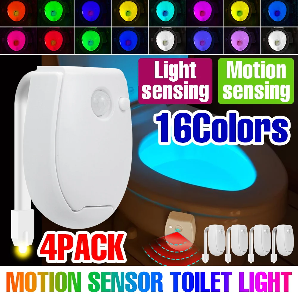 

Набор из 4 RGB LED светильников для унитаза с датчиком движения PIR, 7 цветов, подсветка для ванной комнаты, ночник для создания атмосферы, декоративное освещение для дома
