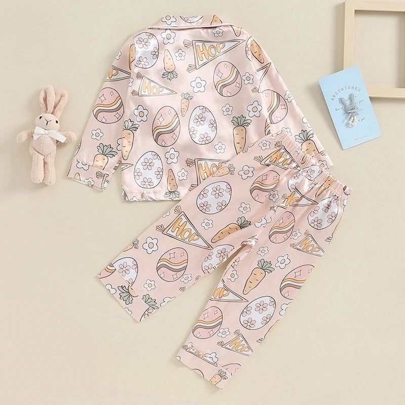 EWODOS Boys Girls Easter 2PCS Pajamas Set Bunny/Carrot Egg Pattern Long Sleeve Button Down Tops Pants Easter Sleepwear Clothes