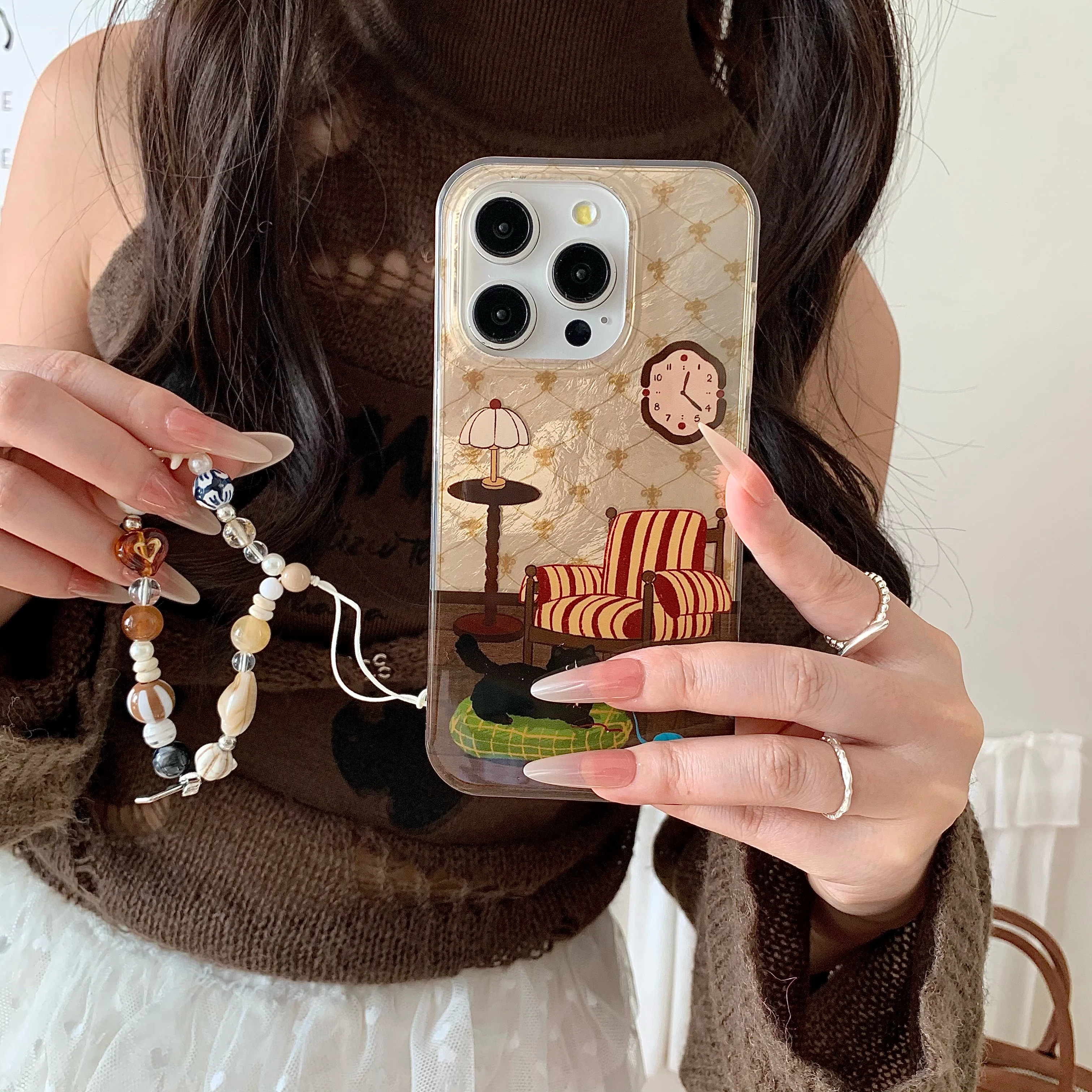 Vintage INS Lamp & Cat Pattern with Beaded Wrist Chain Phone Case for iPhone 16 15 14 13 Pro Max Back Phone Cover Capa