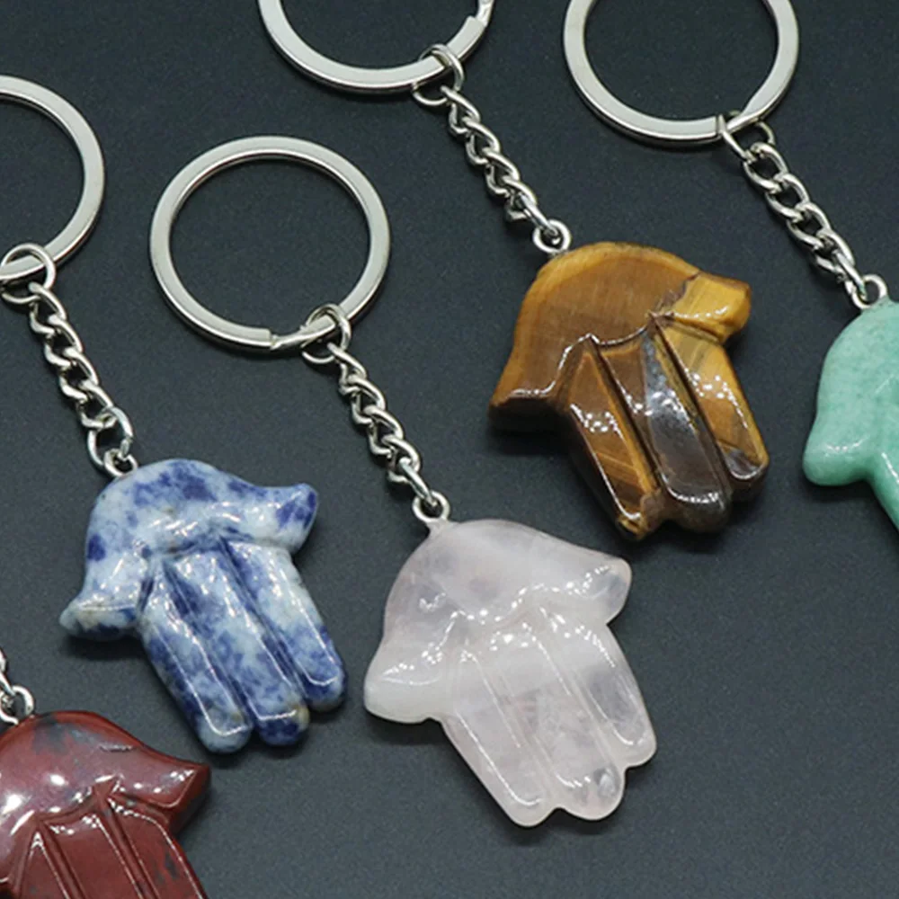 

Natural Stone Crystal Tibetan Buddha Palm Keychain Hand of Fatima Pendent for Bag Hanging Ornament Decoration Gifts