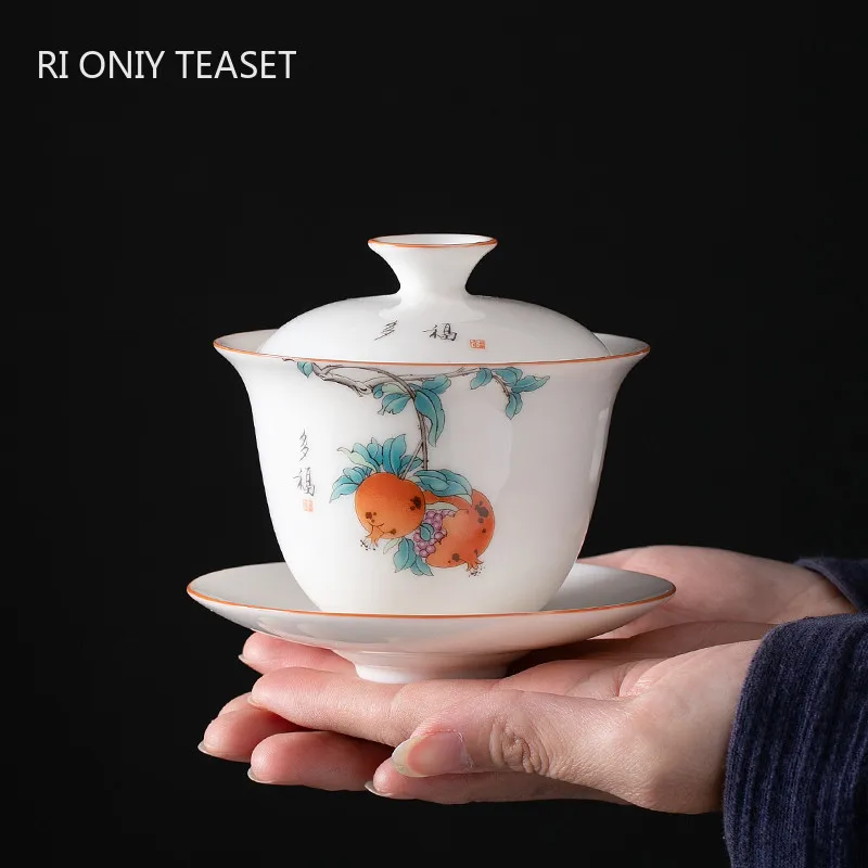 

170ml Chinese Ceramic Tea Tureen Handmade Suede Jade White Porcelain Teacup Hand-painted Tea Bowl Portable Gaiwan Home Tea Set