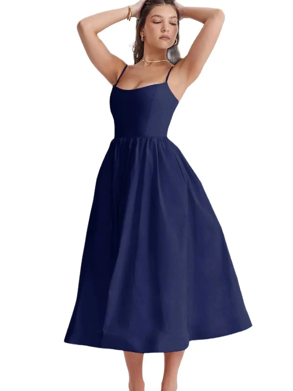 Elegant Solid Color Open Back Spaghetti Straps Tee Length Bridesmaid Dress