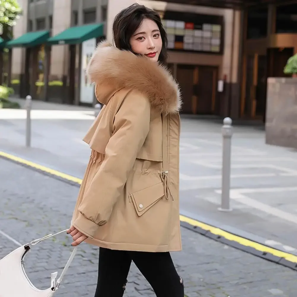 

Winter Warm Puffer Jacket with Faux Fur Hood for Work Stree Women Padded Jacket Thickened Plush Lined Coat with Drawstring Waist