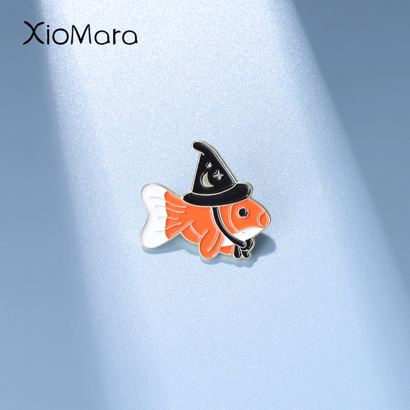 Goldfish Enamel Pins Custom Witch Hat Brooches Shirt Collar Lapel Badges Cute Funny Animal Wizard Jewelry Gift for Kids Friends