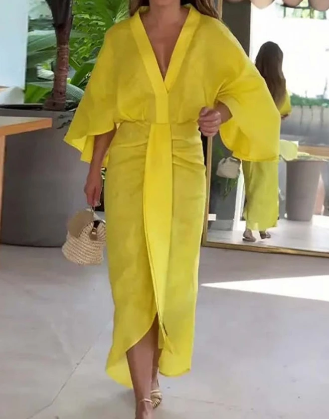 Hanging Bat Sleeves Hanging Midi Yellow Thin Summer Women's Dress V-Neck Waist Slim Fit Casual Loose Wrapped Hip Long Dress