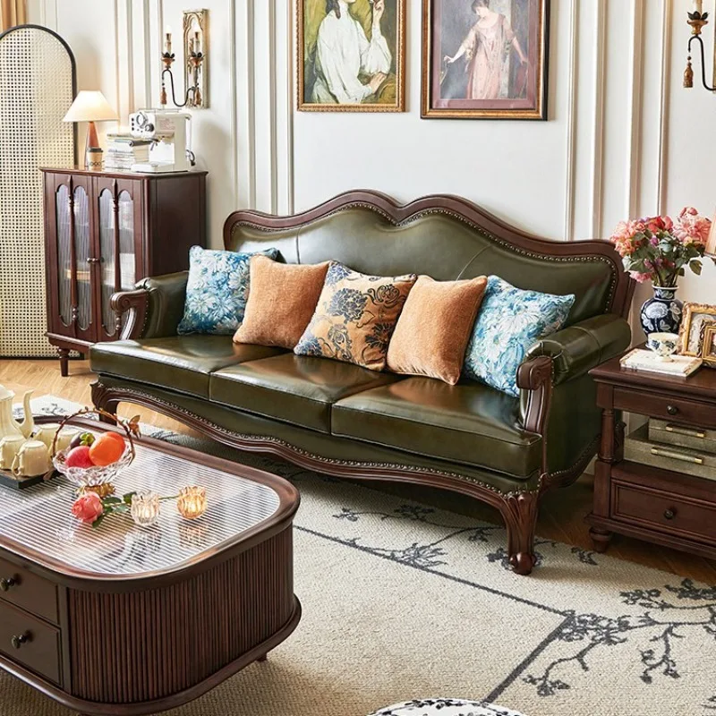 

Американский диван из массива дерева с обивкой из натуральной кожи (первый слой), темно-зеленый, для гостиной, из орехового дерева